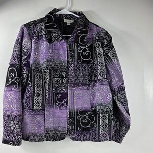 Dressbarn Purple‎ Black Silver Patchwork Jacquard Zipper Jacket Blazer Size M